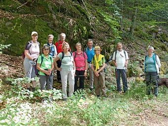 Die Wandergruppe auf dem Abstieg ins Schwarzatal, dem Biosphärengebiet mit urwaldartigem Bannwald und riesigen bemoosten Steinhalden.